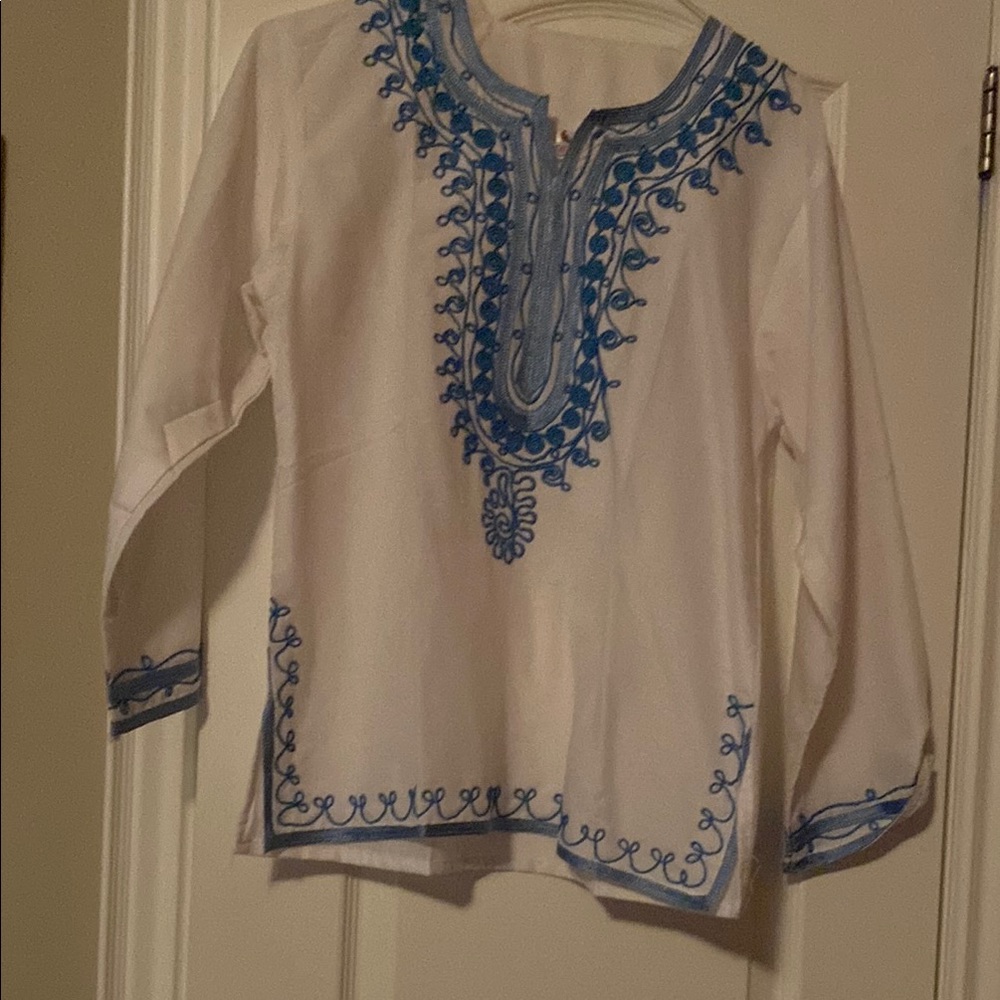 White Tunic with Blue Embroidery
